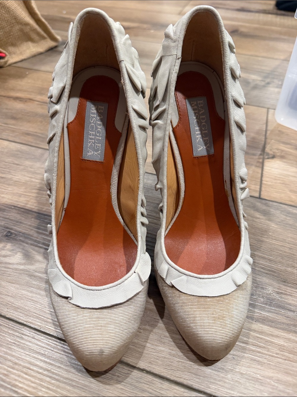 Badgley Mischka Cream Ruffled Round-Toe Pumps - Picture 1 of 7